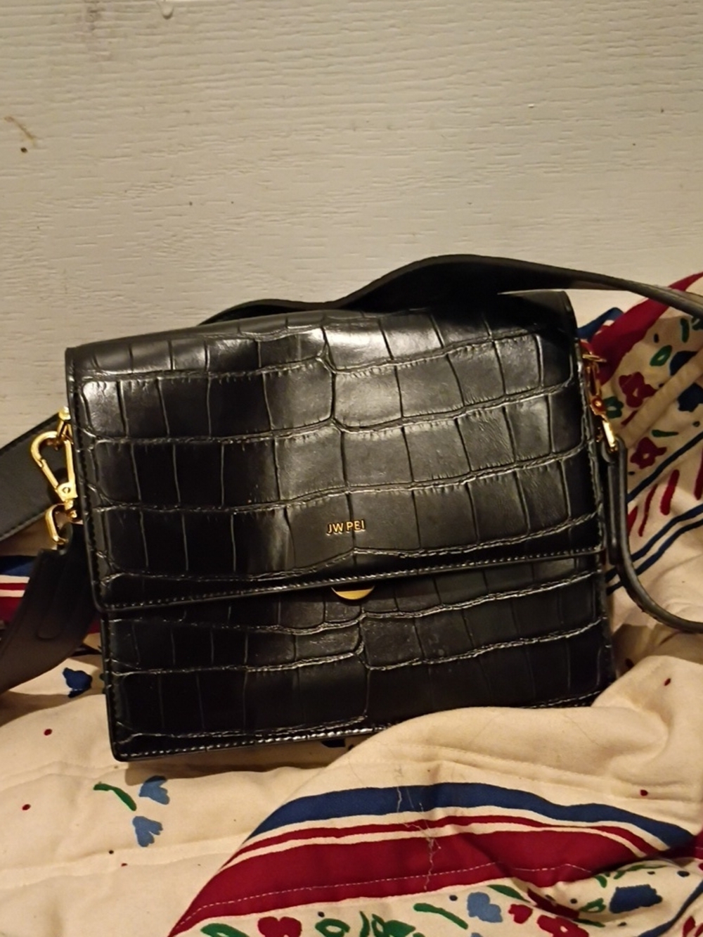 JW PEI Black Croc-Embossed Crossbody Bag with Gold Hardware